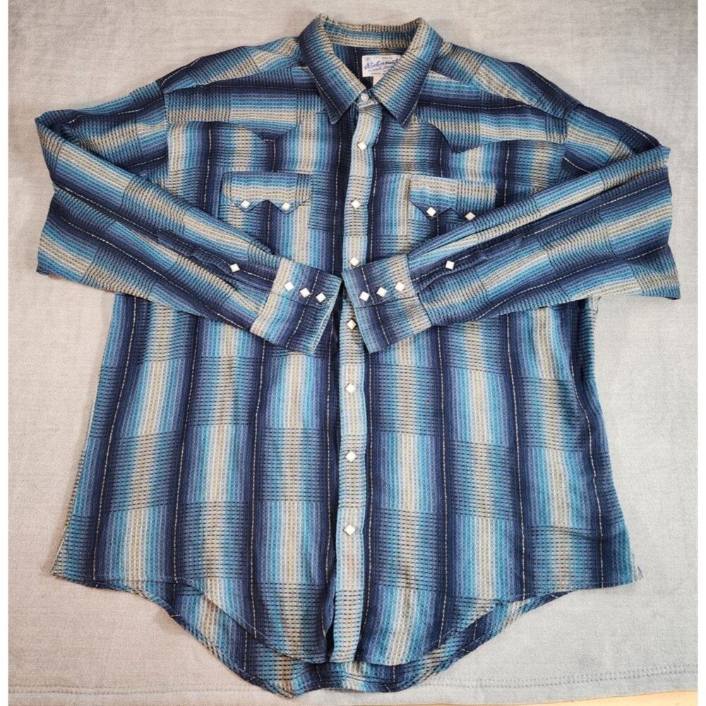 Rockmount Ranch Wear XXL Blue Stripe Diamond Pearl Snap Sawtooth Western